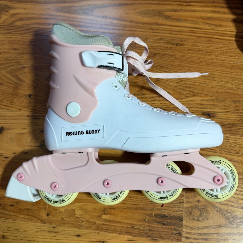 Rolling Bunny Pink White Skates Hardshell Lace Up Buckle Retro Rollerblades